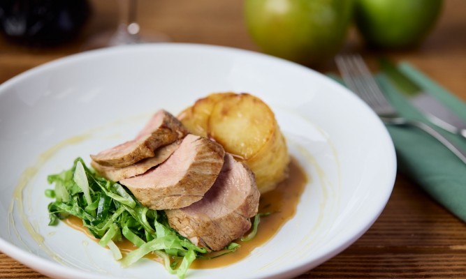 Yorkshire Pork Tenderloin, Boulangère, Ampleforth Cabbage, Scrumpy Reduction 2