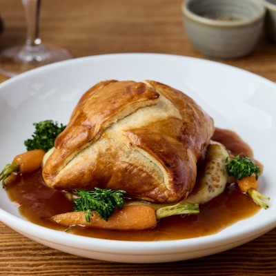 Yorkshire Beef Wellington, Wholegrain Mustard Mash with Red Wine & Port Reduction 